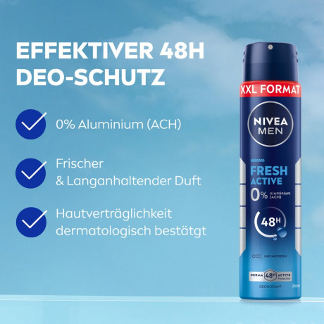 NIVEA MEN Fresh Active Deodorant Spray XXL, 250 ml, Нивеа Мужской дезодорант спрей, морские экстракты, 0% алюминия, 48ч защита, увеличенный объём, 250 мл