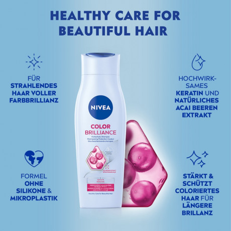 NIVEA Color Brilliance Farbschutz Shampoo, 250 ml, Нивеа Шампунь для окрашенных волос, кератин и экстракт асаи, защита цвета и блеск, 250 мл