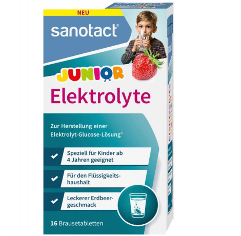 Sanotact Junior 2stk, Электролиты шипучие таблетки для детей от 4 лет Германия, магний и минералы для водного баланса, витамины для детей, вкус клубника , 16 таблеток х 2 упаковки