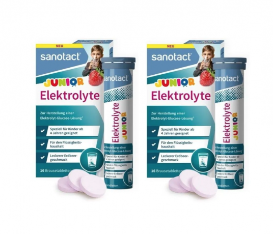 Sanotact Junior 2stk, Электролиты шипучие таблетки для детей от 4 лет Германия, магний и минералы для водного баланса, витамины для детей, вкус клубника , 16 таблеток х 2 упаковки