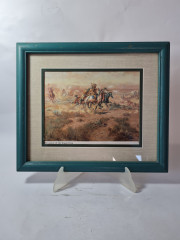 Картина винтажная &quot;Нападение на обоз&quot;, деревянная рама, 34 x 28,5 см, Германия, 1950-60гг.