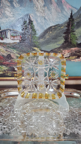 Тарелка винтажная Walther Glas Im Stil, прямоугольная, с желтым декором, стекло, 19 x 16 x 5 см, Германия, 1960-70гг.