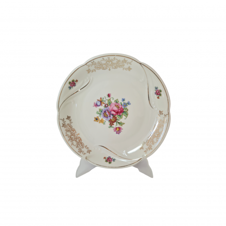 Тарелка с разноцветным цветочным рисунком и позолоченным узором, 29 x 4 см, Германия, 1960-70гг.