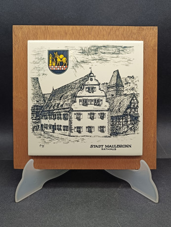 Панно декоративное винтажное Rupo "Ратуша в Маульбронне", керамич.плитка/дерево, 19 х 19 см, Германия, 1970-90гг.