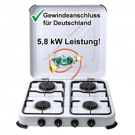 BlueCraft BlueCraft Gaskocher, (inkl. Manometer Regler 50 mbar und Gasschlauch 100 cm), Campingkocher 4-flammig, Gasherd Kochfeld 50 mbar Газоая плита BlueCraft (включая манометр-регулятор 50 мбар и газовый шланг 100 см), походная плита с 4 конфорками, г