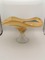 Фруктовница на ножке в бежево-синих тонах Joska Glas винтажная, стекло, 26 см, Германия, 1960-80гг.