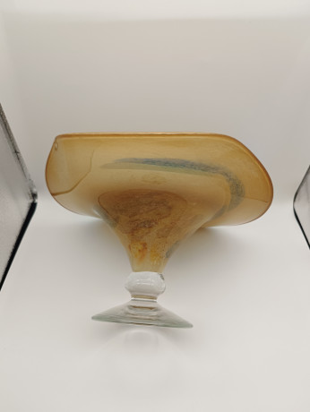 Фруктовница на ножке в бежево-синих тонах Joska Glas винтажная, стекло, 26 см, Германия, 1960-80гг.