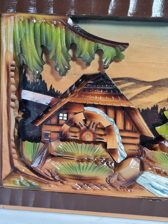 Картина винтажная объемная Ruks "Дом с водяным колесом", ручная работа, дерево, элемент музыкальной шкатулки, 55 x 25 см, Германия, 1960-1970гг.