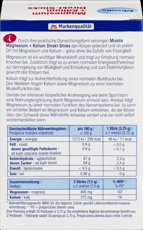 Mivolis Magnesium + Kalium Direkt-Sticks 30stk, Магний + Калий в стиках для снижения утомляемости и нормальной функции мышц, 30 шт