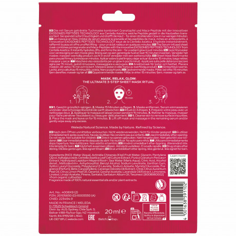 WELEDA Exo Boost Firm & Lift Tuchmaske Granatapfel, 20 ml, Тканевая маска Exo Boost Firm & Lift с гранатом и пептидами маки для увлажнения лица, 20 мл