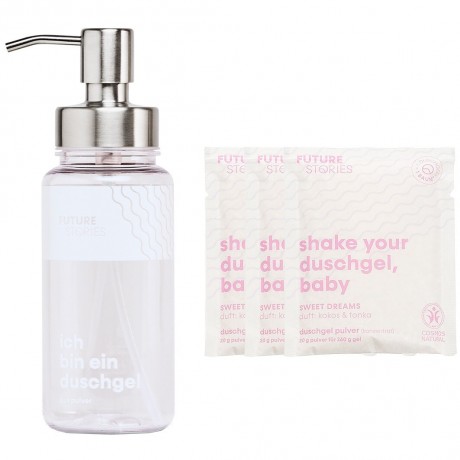 FUTURE STORIES Vorteilskit 3er Set Duschgel Pulver Kokos & Tonka inkl. Pumpspender  Набор Advantage Kit из 3 гелей для душа в виде порошка кокоса и бобов тонка, включая дозатор с помпой
