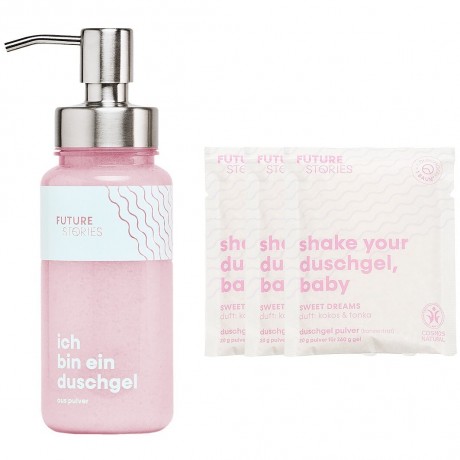 FUTURE STORIES Vorteilskit 3er Set Duschgel Pulver Kokos & Tonka inkl. Pumpspender  Набор Advantage Kit из 3 гелей для душа в виде порошка кокоса и бобов тонка, включая дозатор с помпой