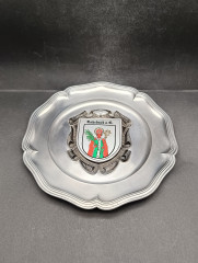 Тарелка декоративная винтажная &quot;Герб общины Рорбах&quot; / Серия &quot;Геральдика&quot;, яркий декор, олово (95%), 23 см, Германия, 1970-80гг.