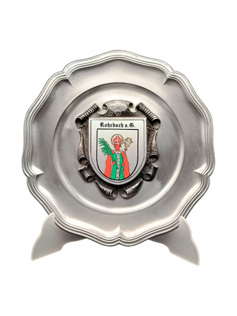 Тарелка декоративная винтажная "Герб общины Рорбах" / Серия "Геральдика", яркий декор, олово (95%), 23 см, Германия, 1970-80гг.