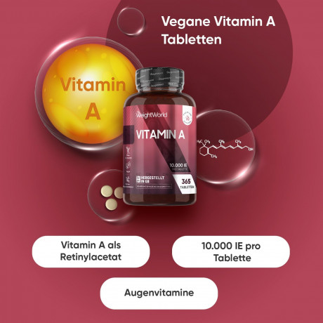 WeightWorld Vitamin A Tablets 10,000IU Retinol 365st, Витамин A для здоровья глаз и сияющей кожи (Великобритания), запас на год, 365шт,