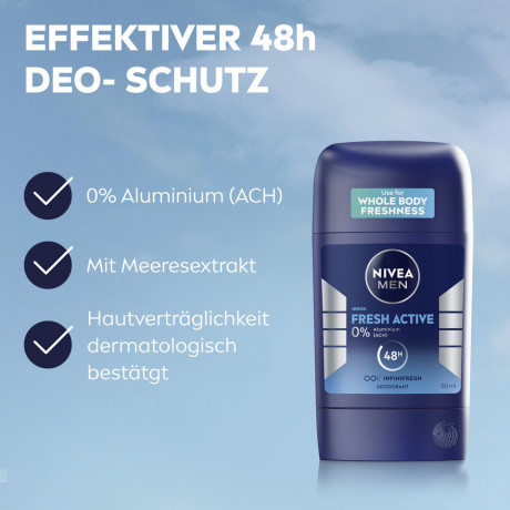 NIVEA MEN Fresh Active Deodorant Stick, 50 ml, Нивеа Мужской дезодорант стик, 0% алюминия, формула INFINIFRESH, 48ч защита, 50 мл