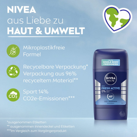 NIVEA MEN Fresh Active Deodorant Stick, 50 ml, Нивеа Мужской дезодорант стик, 0% алюминия, формула INFINIFRESH, 48ч защита, 50 мл