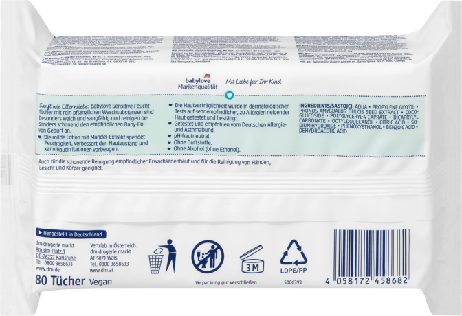 babylove Sensitive Feuchttuecher Влажные салфетки для чувствительной кожи, без ароматизаторов и спирта, с экстрактом миндаля, 2*80шт