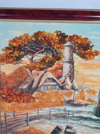 Картина винтажная "Морской пейзаж с парусником", масло/янтарь с Балтийского моря, ручн.работа, рама из бруанского золота, 45 x 35 см, Германия, 1970гг.