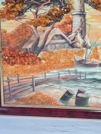 Картина винтажная "Морской пейзаж с парусником", масло/янтарь с Балтийского моря, ручн.работа, рама из бруанского золота, 45 x 35 см, Германия, 1970гг.