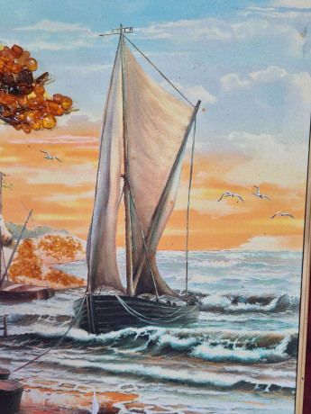 Картина винтажная "Морской пейзаж с парусником", масло/янтарь с Балтийского моря, ручн.работа, рама из бруанского золота, 45 x 35 см, Германия, 1970гг.