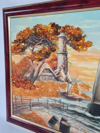 Картина винтажная "Морской пейзаж с парусником", масло/янтарь с Балтийского моря, ручн.работа, рама из бруанского золота, 45 x 35 см, Германия, 1970гг.