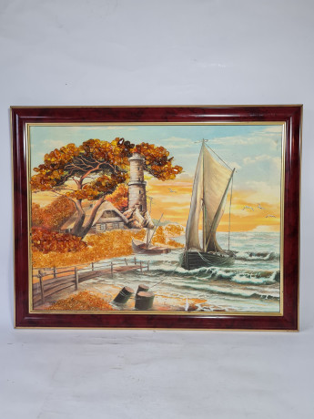 Картина винтажная "Морской пейзаж с парусником", масло/янтарь с Балтийского моря, ручн.работа, рама из бруанского золота, 45 x 35 см, Германия, 1970гг.