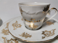 Чайный набор винтажный Bareuther Waldsassen Bavaria &quot;Золотая свадьба&quot;, с позолотой, на 2 персоны, 6 предметов, фарфор, Германия, 1960-70гг.