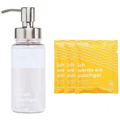 FUTURE STORIES Vorteilskit 3er Set Duschgel Pulver Mango & Orange inkl. Pumpspender  Комплект Advantage Kit из 3 гелей для душа в виде порошка манго и апельсина, включая дозатор с помпой