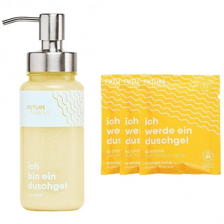 FUTURE STORIES Vorteilskit 3er Set Duschgel Pulver Mango & Orange inkl. Pumpspender  Комплект Advantage Kit из 3 гелей для душа в виде порошка манго и апельсина, включая дозатор с помпой