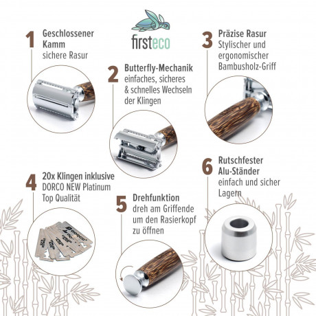Firsteco Bambus-Nass-Rasierhobel Set 5 tlg. Бамбуковый набор безопасных бритв для влажной уборки, 5 шт.