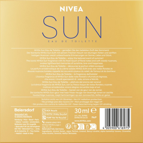 NIVEA SUN EdT, 30 ml, Нивеа Туалетная вода с ароматом солнцезащитного крема NIVEA SUN, летние ноты, 30 мл