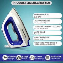 Blaupunkt Blaupunkt Dampfbugelstation MEN803 Dampfbugelstation 2250W Bugelstation 5.2 Bar Dampfstoss 280g, 1,2 L Tank abnehmbar, Keramiksohle Bugeleisen Dampf, Dampfbugeleisen  Паровая гладильная станция Blaupunkt MEN803 Гладильная станция с паром, 2250 В