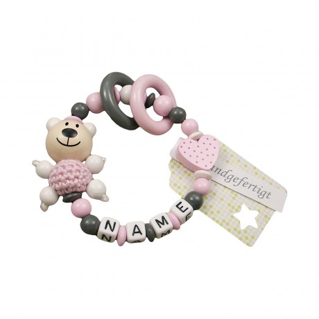 kleinerStorch Greifling mit Name – Madchen Beissring personalisiert – Holz Rassel Bar  Herz rosa Персонализированное кольцо для прорезывания зубов с именем