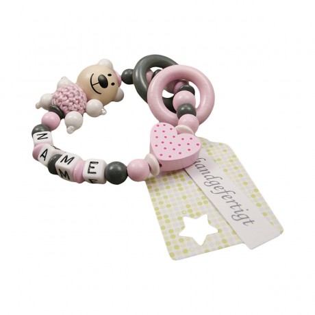 kleinerStorch Greifling mit Name – Madchen Beissring personalisiert – Holz Rassel Bar  Herz rosa Персонализированное кольцо для прорезывания зубов с именем