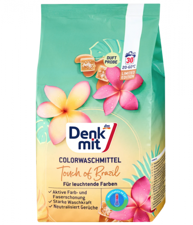 Denkmit Colorwaschmittel Pulver Touch of Brazil, 30 Wl, Порошок для цветного белья (Германия), с тропическим ароматом для яркости цвета и свежести тканей, 1.95 кг (30 стирок)