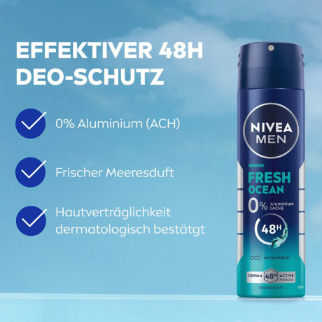 NIVEA MEN Fresh Ocean Deodorant Spray, 150 ml, Нивеа Мужской дезодорант спрей, морской аромат, 0% алюминия, формула INFINIFRESH, 48ч защита, 150 мл