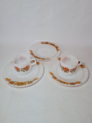 Набор для чая винтажный Schott Mainz, стекло с цветочным рисунком в оранжевых тонах, 2 чашки, 10 x 7 см, 3 блюдца, 14 см, 3 тарелки,19 см, Германия, 1960-70гг.