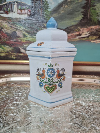 Банка с крышкой для хранения винтажная, серая керамика с красочными изображениями птиц и цветов, 19 x 10,5 см, Дания, 1960-70гг.