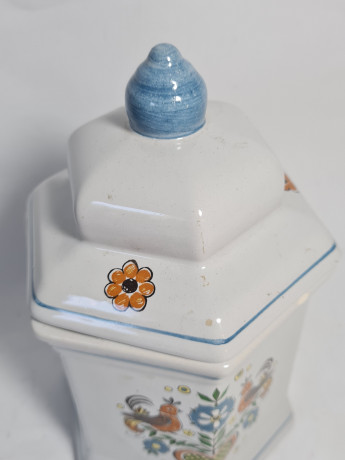 Банка с крышкой для хранения винтажная, серая керамика с красочными изображениями птиц и цветов, 19 x 10,5 см, Дания, 1960-70гг.