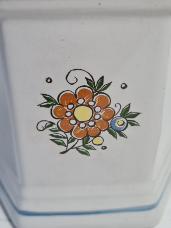 Банка с крышкой для хранения винтажная, серая керамика с красочными изображениями птиц и цветов, 19 x 10,5 см, Дания, 1960-70гг.