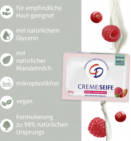 CD Cremeseife Beeren & Mandelmilch 100 g, Крем-мыло с ягодным ароматом и миндальным молоком для мягкого очищения, 100 г