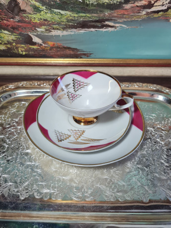 Чайное трио винтажное Mitterteich Bavaria в розово-белых тонах с золотым декором, фарфор, Германия, 1960-70гг.