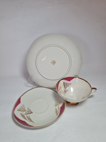 Чайное трио винтажное Mitterteich Bavaria в розово-белых тонах с золотым декором, фарфор, Германия, 1960-70гг.