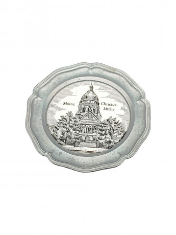 Тарелка декоративная винтажная "Церковь Христа в Майнце", олово (95%), 10 см, Германия, 1970-80гг.