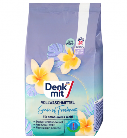 Denkmit Vollwaschmittel Sense of Freshness, 30 Wl, Порошок для белого белья (Германия), интенсивное очищение, защита белизны и аромат свежести, 30 стирок