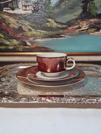 Scherzer Bavaria Бело-красное кофейное трио с позолоченным узором, Германия, 1960-70гг.