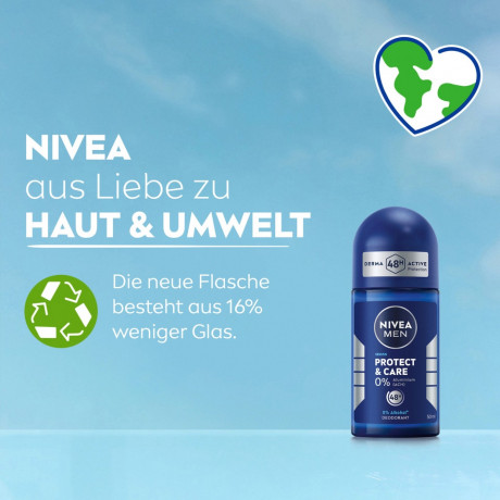 NIVEA MEN Protect & Care Deodorant Roll-On, 50 ml, Нивеа Мужской дезодорант ролик, пантенол, 0% алюминия, 0% спирта, аромат NIVEA MEN Creme, 48ч защита, 50 мл