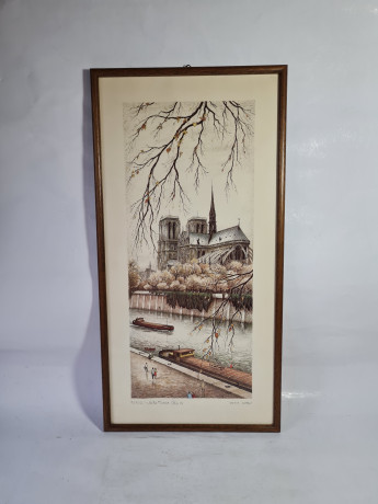 Картина винтажная Kunsthaus Schaller KG / Otriz Alfau "Собор Парижской Богоматери", под стеклом, 55 x 28 см, Германия, 1960-1970гг.