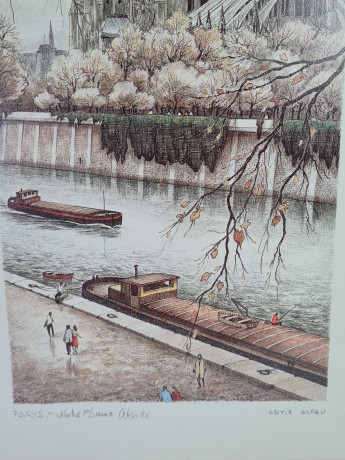 Картина винтажная Kunsthaus Schaller KG / Otriz Alfau "Собор Парижской Богоматери", под стеклом, 55 x 28 см, Германия, 1960-1970гг.